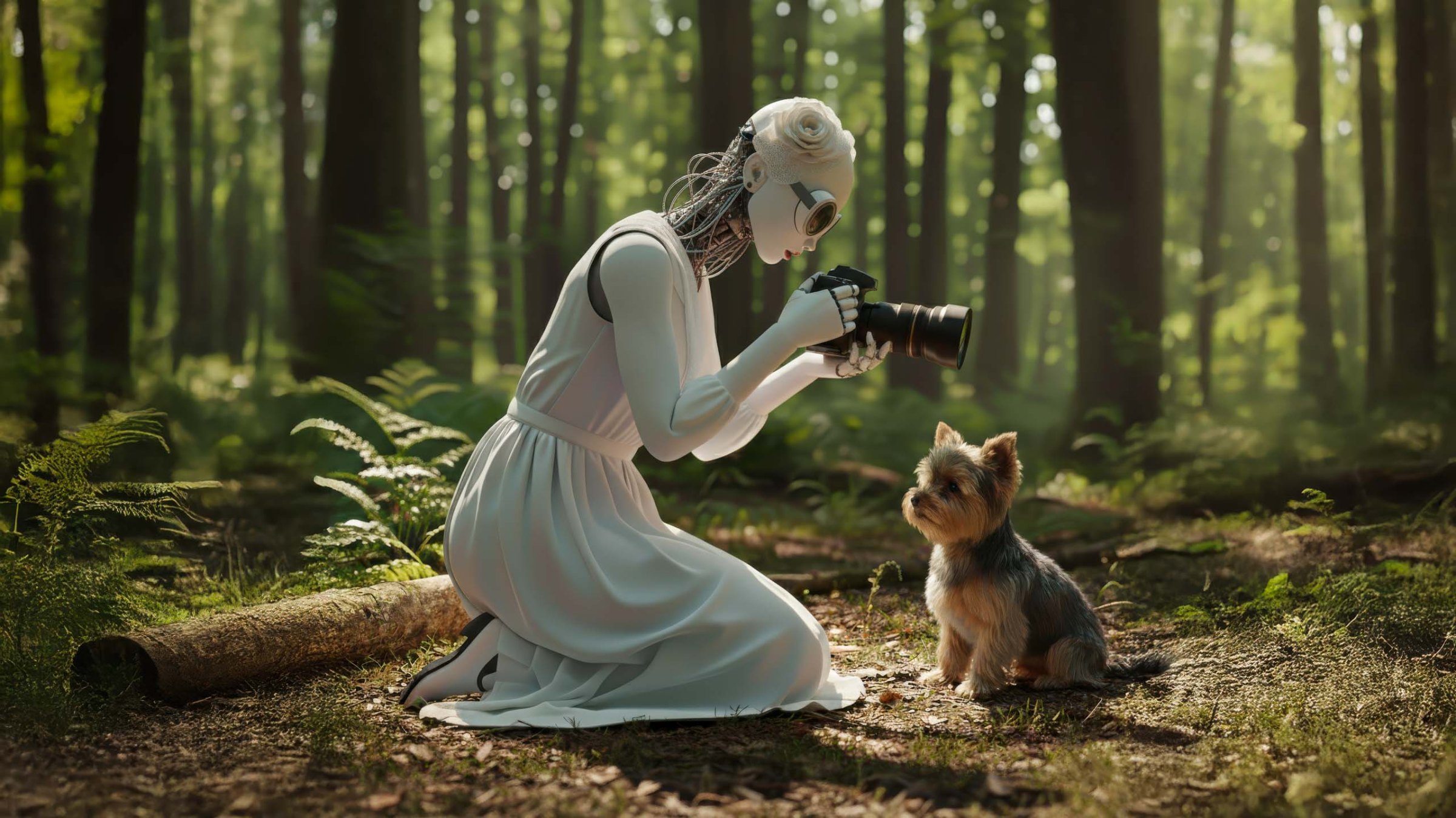 ki-generated image of a robotic girl in the forest, taking a picture of a yorkshire terrier